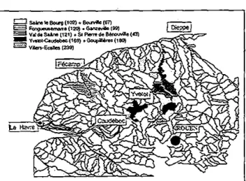 Fig.  2 - Localisation des 3 espacesfonclionnels  de roissellement au sein du bassin versant