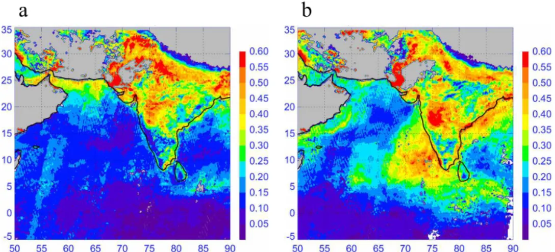 Fig. 11. Mean aerosol optical depth (AOD) at 550 nm over Indian subcontinent from (a) 6 to 12 March 2006 and (b) 23 to 29 March 2006.
