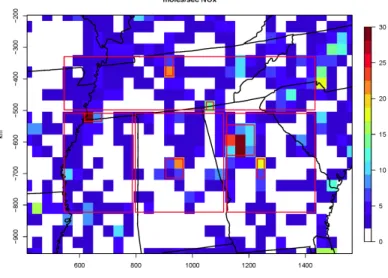 Fig. 1. Modeling domain covering the southeastern United States. Source region definitions are superimposed on a map of average surface layer NO x emissions at 16:00 UTC during the summer months (JJA) of 2004