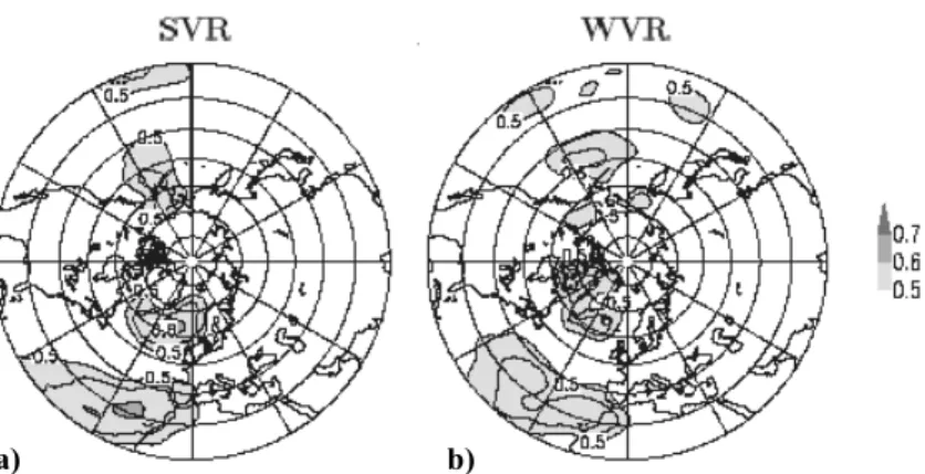 Fig. 2. As in Fig. 1, but for 15-day low pass filtered data at the 1000 hPa level. The isoline interval is 0.05