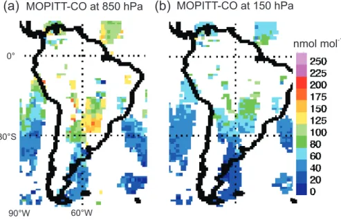 Fig. 10. Global distribution of CO at 850 hPa (a) and 150 hPa (b) derived from MOPITT on 2 March 2004