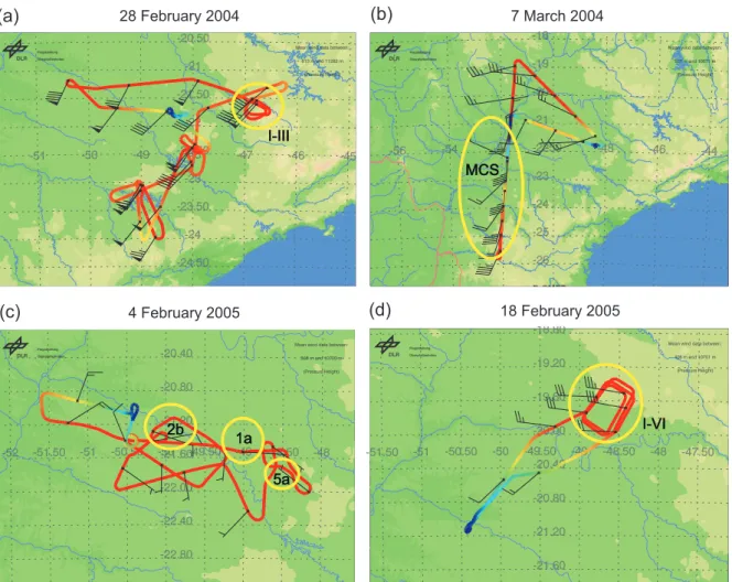 Fig. 2. Falcon flight tracks on (a) 28 February 2004 at 17:08–20:47 UTC, (b) 7 March 2004 at 11:53–15:24 UTC, (c) 4 February 2005 at 17:46–20:11 UTC, and (d) 18 February 2005 at 20:09–21:49 UTC with pressure height (coloured from blue to red with increasin
