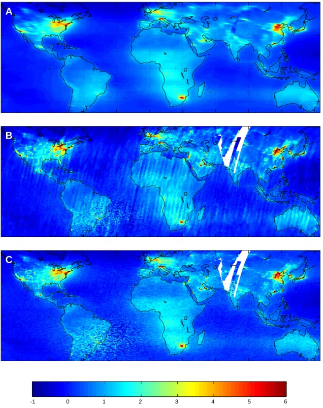 Fig. 3. Global mean of tropospheric NO 2 VCD (10 15 molecules/cm 2 ), using (a) all nominal forescan pixels (1996–2001), (b) NSM forescan pixels only (1997–2001), (c) NSM pixels only (1997–2001), corrected for seasonal effects as described in Sect