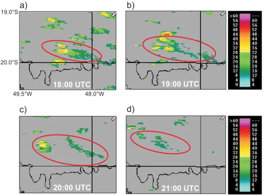 Fig. 8. Radar reflectivity as PPI scan (PPI SURVEILLANCE operational product) in dBZ units measured at 0.0 ◦ elevation by the Bauru radar (22.4 ◦ S, 49.0 ◦ W) for the 18 February 2005  sub-tropical thunderstorm system (marked in red) at (a) 18:00 UTC, (b) 
