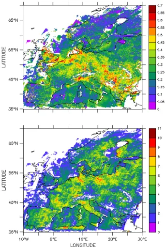 Figure 1. Composite map of the (a) mean aerosol optical depth at 0.555 µm over Europe for August 1997 and (b) the number of observations used to derive the mean value.