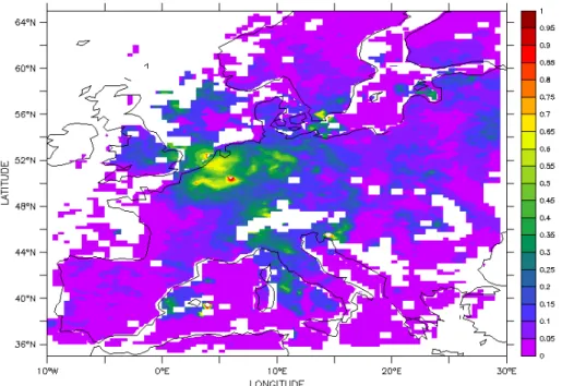 Fig. 8. The ratio of nitrate aerosol induced AOD computed from the LOTOS model to the total aerosol optical depth retrieved from satellite data with the dual view algorithm.