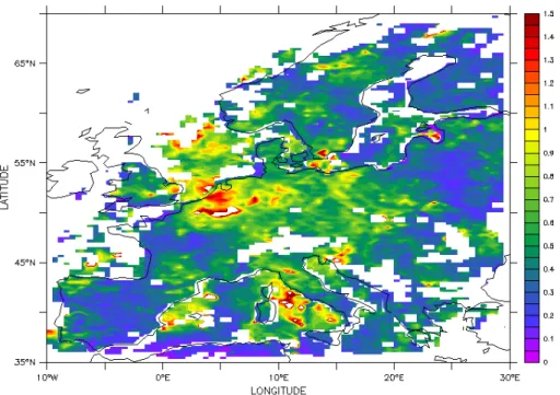 Fig. 9. The ratio of the modelled AOD due to the combined effects of sulphate and nitrate to the total aerosol optical depth retrieved from satellite data with the dual view algorithm.