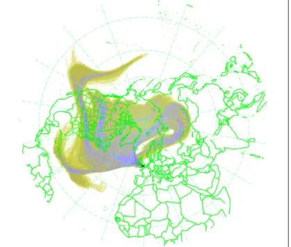 Fig. 7. NAME III derived five day air history map for parcels originating in the 0–30 km vertical region from a receptor of 100 km 2 horizontal area with a 10–30 km vertical extent centred on 51.46 ◦ N, 0.97 ◦ W (black cross)