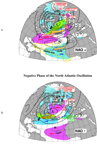 Fig. 1. Graphical representation of the positive phase (a) and negative phase (b) of the North Atlantic Oscillation (NAO)