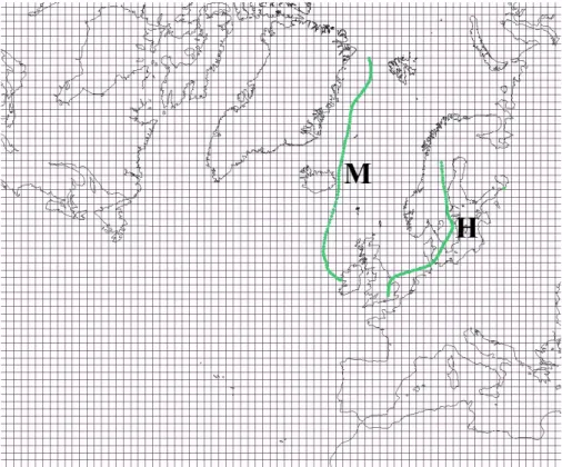 Fig. 1. The map and an example of the superimposed rectilinear coordinate graticule with cell size 100 × 100 km 2 used in subsequent simulations