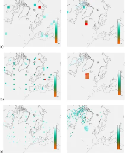 Fig. 5  Solution emission maps generated by ES for the distributed source (left) and  area source (right) at (a) low, (b) medium and (c) high resolutions