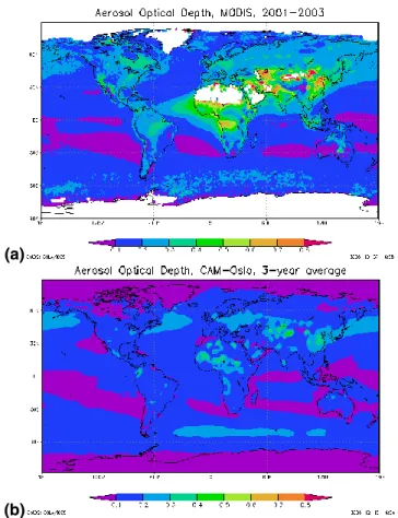 Fig. 10. Global maps of Aerosol Optical Depth from (a) MODIS and (b) CAM-Oslo.