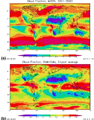 Fig. 11. Global maps of total cloud fraction from (a) MODIS and (b) CAM-Oslo.