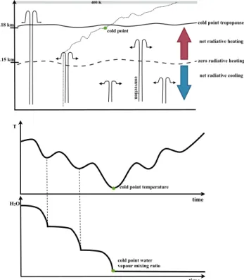 Fig. 1. Schematic picture that illustrates the Lagrangian cold point concept. The Lagrangian cold point (green dot in the top panel) corresponds to the lowest temperature along an individual air mass trajectory and thus to the lowest water vapour value