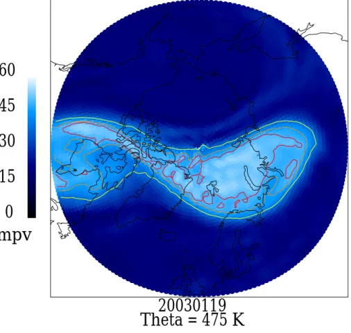 Fig. 1. Modified potential vorticity MPV north of 50 ◦ N in units of PVU at θ = 475 K on 19 January 2003 from ECMWF analyses