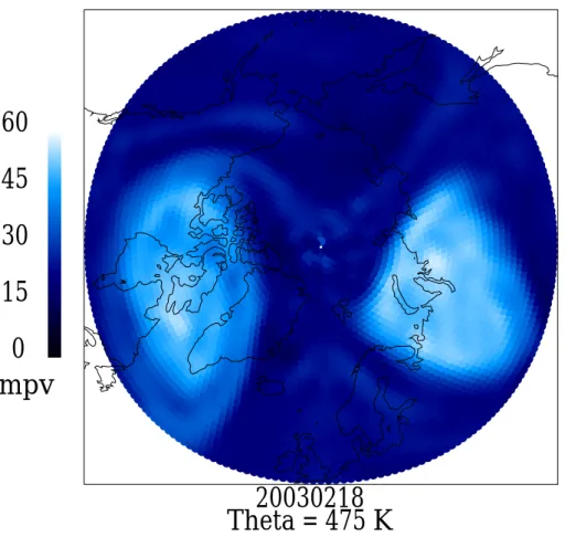 Fig. 4. The splitting of the vortex on 18 February 2003. Modified potential vorticity MPV in units of PVU at θ =475 K from ECMWF analyses.