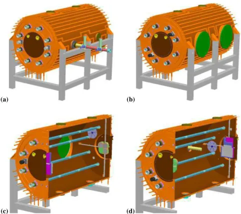 Fig. 1. (a) and (b) SolidWorks 2004 views of HIRAC, coupled to the FAGE instrument, in its support frame; (c) and (d) SolidWorks 2004 cutaway views of HIRAC, revealing its interior