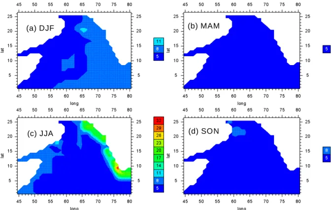 Fig. 3. Seasonal maps of the final N 2 O 1 ◦ × 1 ◦ fields (in nmol L −1 ). (a) DJF, (b) MAM, (c) JJA, and (d) SON