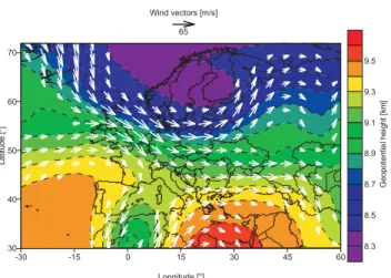 Fig. 1. Wind vectors and geopotential height derived from ECMWF analyses for the 300 hPa level at 18 December 1999, 12:00 UT.