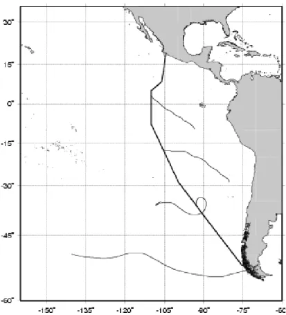 Fig. 1. Cruise track for the Knorr 06. Solid grey lines are five day surface air mass back trajectories.