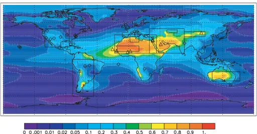 Fig. 1. Location of AERONET stations used in this analysis (diamonds and triangles). Triangles indicate stations where the surface extinction is dominated by dust, while diamonds are stations where other aerosols dominate (>50%) model predicted surface 