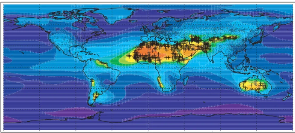 Fig. 4. Location of visibility stations with more than 30 years of data. Colored contours show fraction of surface extinction from desert dust