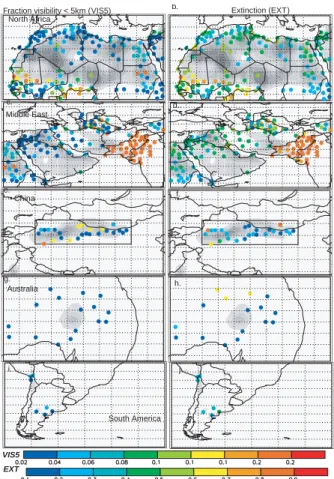 Fig. 5. Mean fraction of visibility <5 km (VIS5) and mean surface extinction (EXT) derived from the visibility data averaged over 1974–2003 for each of the areas discussed in the text