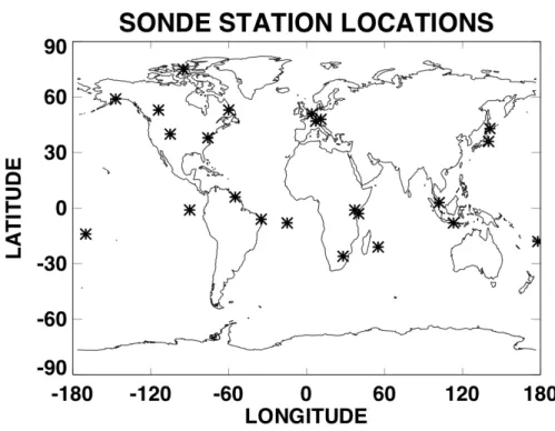 Fig. 1. Geographic locations of the 23 ozonesonde stations used in this study. Station names, latitudes and longitudes, and record length are given in Table 1.