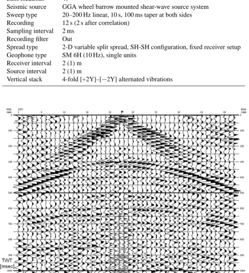 Fig. 3. Example of correlated raw record of horizontal shear-waves at profile location Lam Saiun in the centre of the alluvial delta (2 m geophone spacing, 96 m total spread)