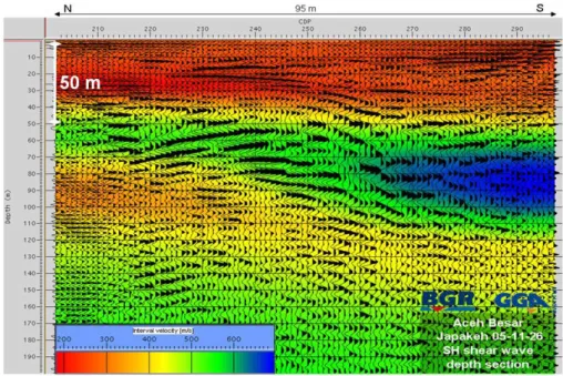 Fig. 4. Depth converted reflection seismic stack section at Japakeh site, colour coded by shear-wave interval velocities derived from reflection seismic stacking velocities