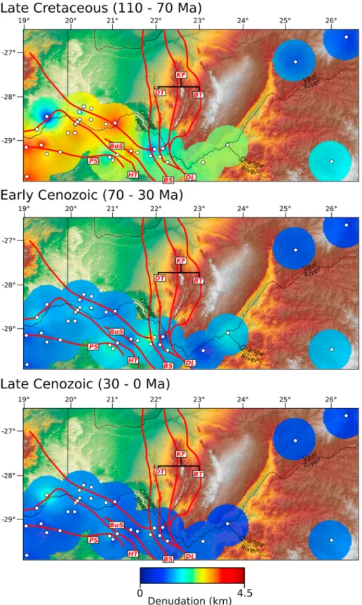 Figure 8. Interpolation map for the Late Cretaceous, early Cenozoic, and late Cenozoic based on denudation estimates extracted from thermal history models