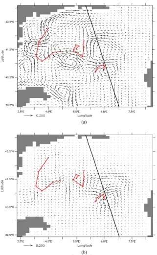 Figure 10. Velocity misfits (in m/s) at the parking depth at the end of the assimilation  period: truth minus background (a); estimate with P = 3 minus background (b)