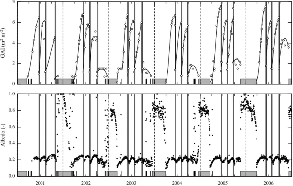 Fig. 2. Seasonal and inter-annual variability (March 2001–December 2006) of green area index (GAI; measured data (open circles) and sigmoid/quadratic fits (lines)) and albedo (midday means)
