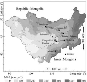 Fig. 1. Mean annual precipitation (MAP, mm yr −1 ); normal period 1961–1990; data from Climate Source Inc.), major towns and  sam-pling sites (triangles denote the 2005 and squares the 2006 samsam-pling campaign).