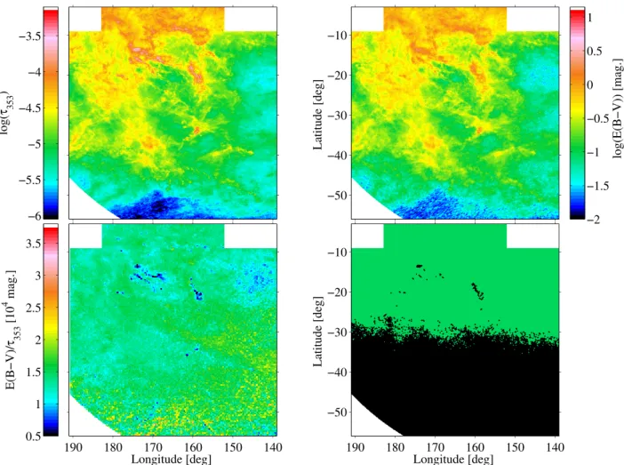Fig. 1. Maps of the dust optical depth at 353 GHz (top left panel), of the stellar reddening by dust (top right panel), and of their ratio (bottom left panel)