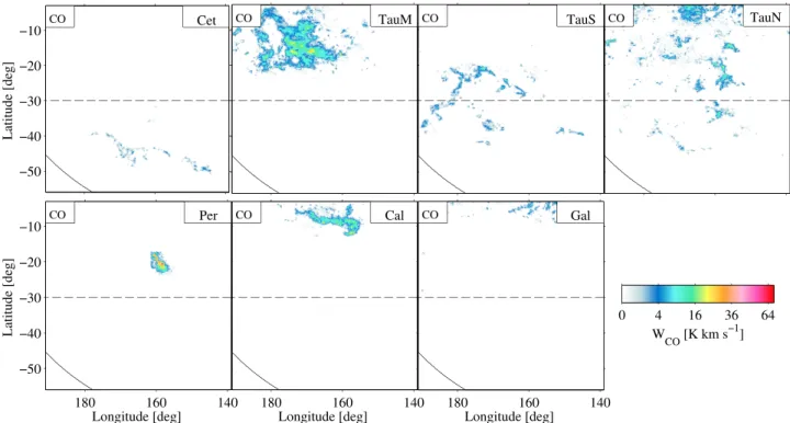 Fig. 2. CO intensity maps of the Cetus (Cet), Main Taurus (TauM), South Taurus (TauS), North Taurus (TauN), Perseus (Per), and California (Cal) clouds, and of the Galactic disc background (Gal)