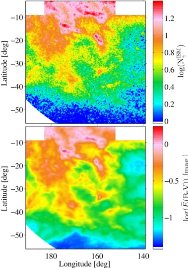 Fig. 3. Top: γ-ray counts of gaseous origin recorded in the 0.4–100 GeV energy band in a 0.◦ 125 pixel grid