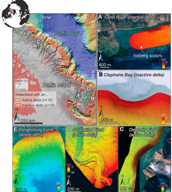 Figure 1. Distribution of the active and inactive delta watersheds along eastern Baf ﬁ n Island with bathymetric examples of (a and b) inactive and (c – e) active deltas.