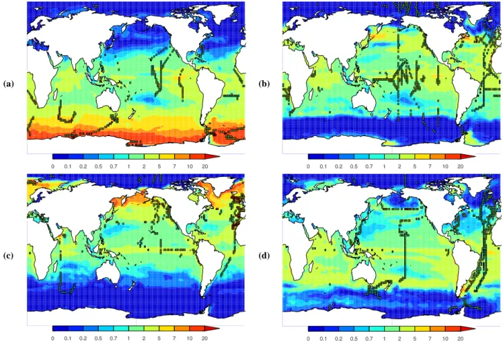 Fig. 1. Modeled seasonal mean DMS sea surface concentration. (a) Mean for December, January, February; (b) Mean for March, April, May; (c) Mean for June, July, August; (d) Mean for September, November, December