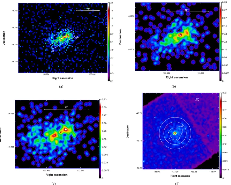 Fig. 1. Panel a) Chandra ACIS-S (0.5–8 keV) full-resolution image of the PWN around PSR J0855−4644