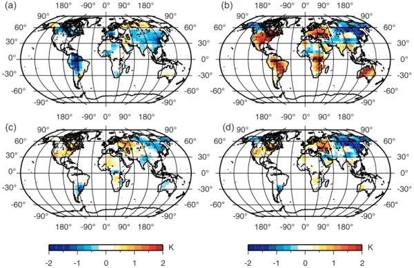 Fig. 5. Same as Fig. 4, but for Northern Hemisphere springtime (March–May) near surface air temperature.