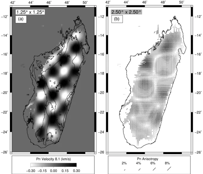 Figure 5. Checkerboard test results for (a) velocity and (b) anisotropy. The checkerboard size, which indicates the smallest resolution that can be resolved by the tomographic inversion, is 1.25 ◦ × 1.25 ◦ for velocity and 2.50 ◦ × 2.50 ◦ for anisotropy