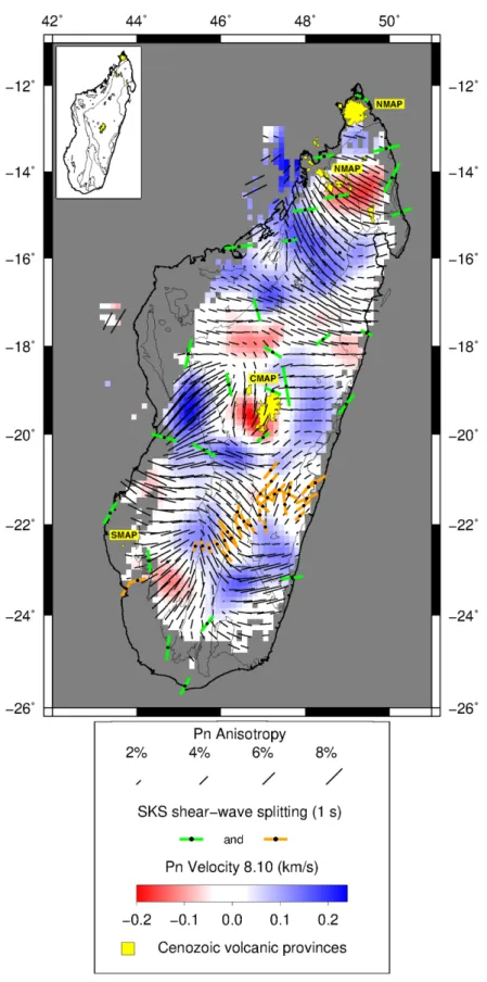 Figure 6. Map showing the lateral variation of Pn velocity (colour scale) and anisotropy (black bars) determined in this study, together with SKS shear wave splitting measurements from Reiss et al