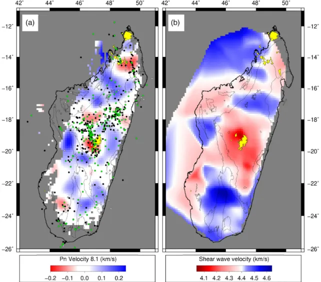 Figure 7. Map showing the lateral variations of (a) Pn velocity in the uppermost mantle, from this study, and (b) shear wave velocity at a depth of 50 km, from Pratt et al