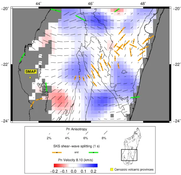 Figure 8. Lateral variation of Pn velocity, Pn anisotropy, and SKS shear wave splitting in southcentral Madagascar