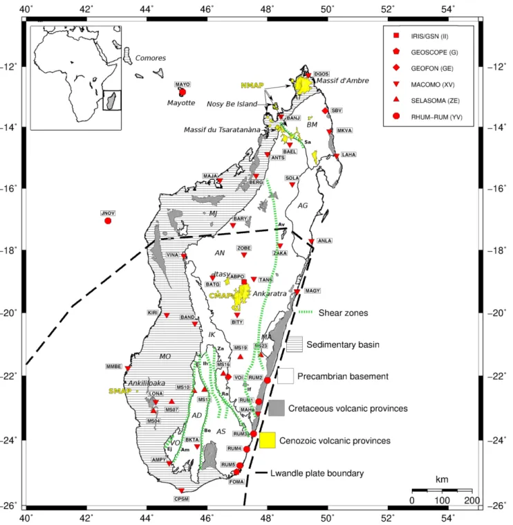 Figure 1. A simplified geologic map of Madagascar showing the different geological units, volcanic provinces, shear zones, seismic networks and place-names referred to in the text [modified from Tucker et al