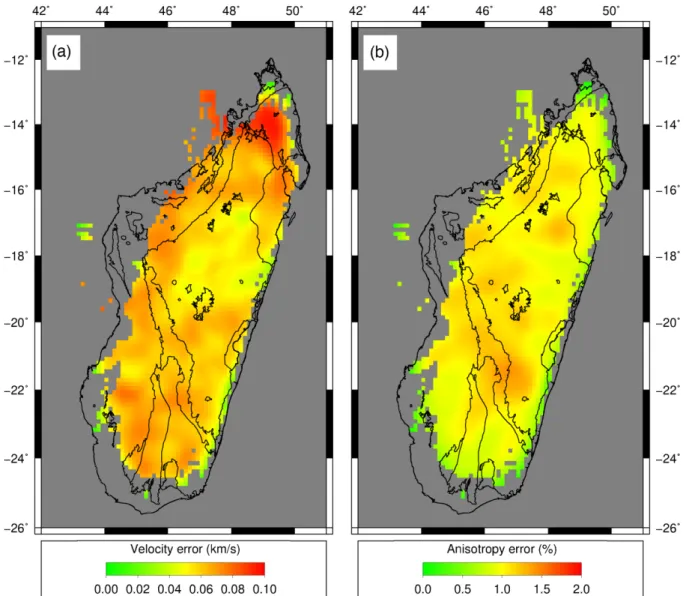 Figure 4. Standard errors of (a) the velocity and (b) anisotropy obtained from the bootstrap resampling technique using velocity and anisotropy damping coefficients of 500 and 600, respectively