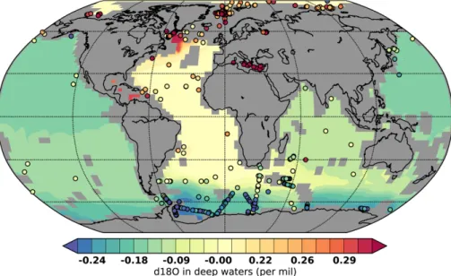 Fig. 12. Mean 2500–3500 m depth δ 18 O in sea water in iLOVECLIM compared to the GISS database (Schmidt et al., 1999) (coloured circles).