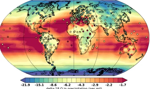 Fig. 1. Annual mean δ 18 O in precipitation in iLOVECLIM compared to the GNIP database (IAEA, 2006) and Masson-Delmotte et al.