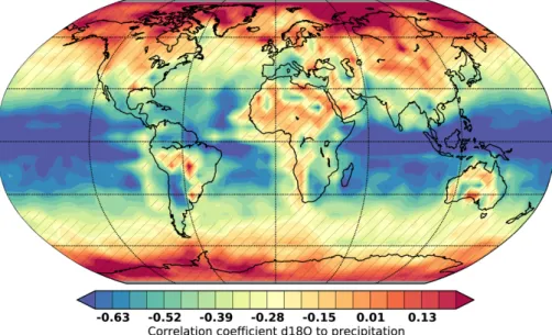 Fig. 6. Spatio-temporal correlation between δ 18 O in precipitation and precipitation rate within iLOVECLIM